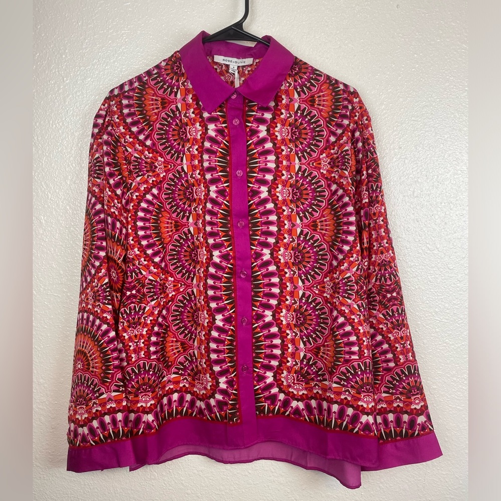 Rose & Olive Multicolor Button Down Blouse Sz Small Long Sleeve Tie Dye Pattern